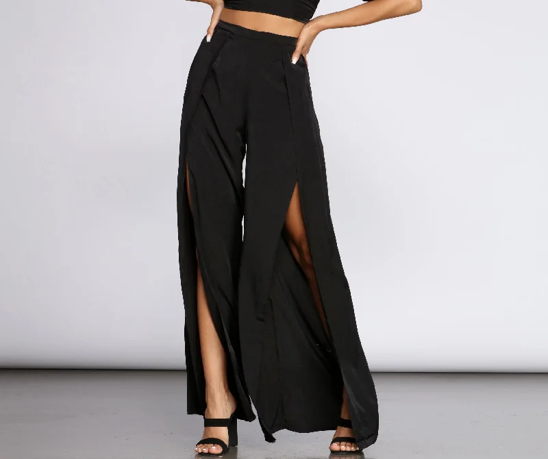 Discount Deals Flirty Front Slit Wide Leg Pants