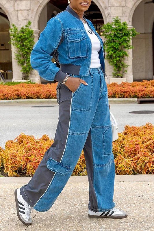 Holiday Sale Stylish Denim patchwork Flap Pocket Jacket & Pants Set