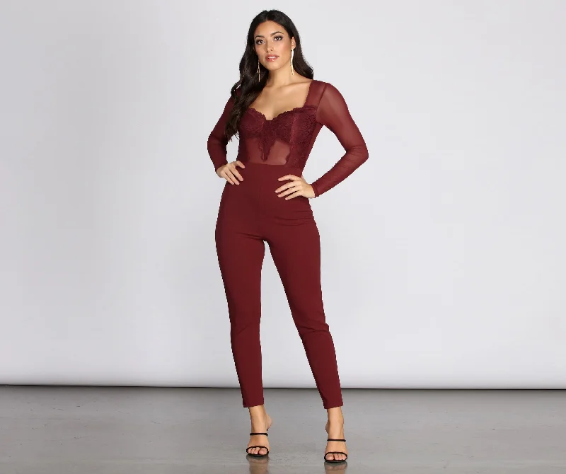 Weekend Shopping Bliss Under The Mistletoe Lace Jumpsuit