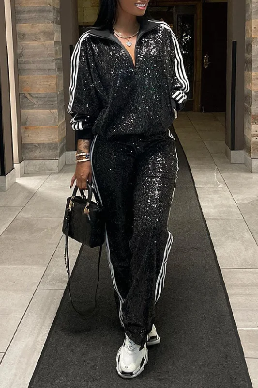 Weekend Offers That Dazzle Sequin Panel Striped Jacket & Pants Set