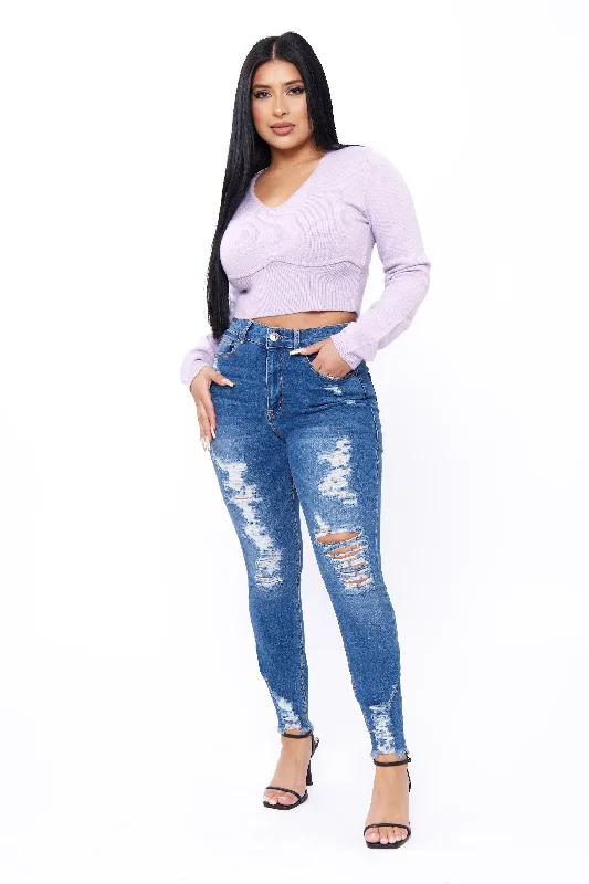 Overstock Curvy High Rise Skinny with Heavy Destruction