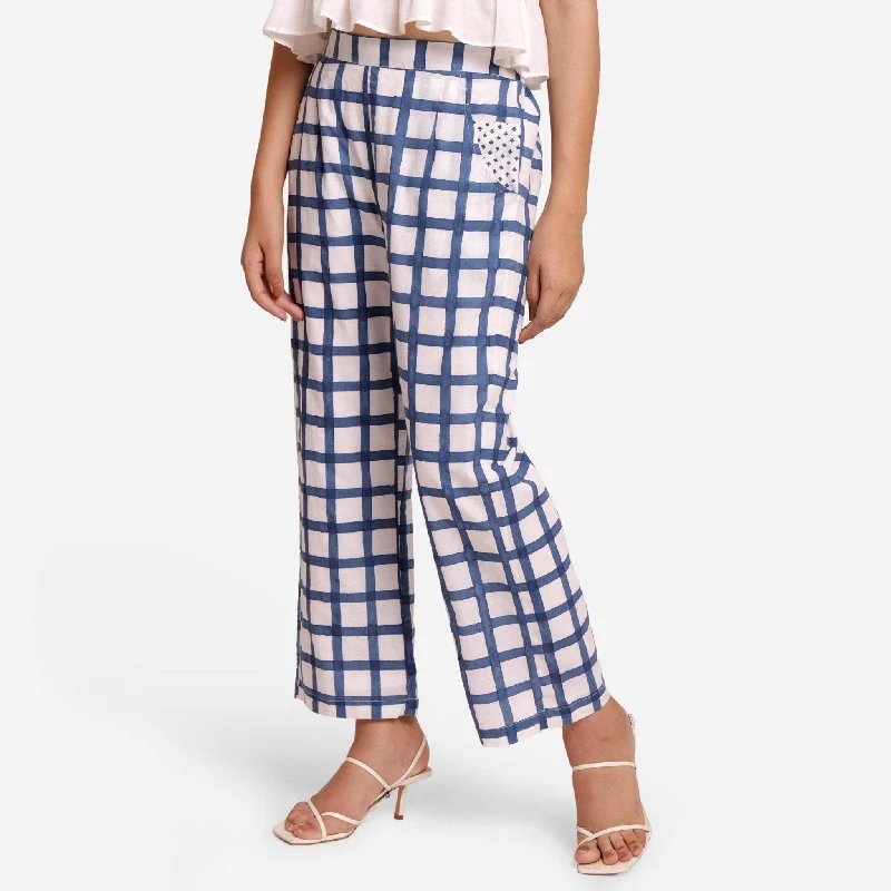 Stock Clearance White and Blue Checks Block Print Ankle Length Cotton Pant