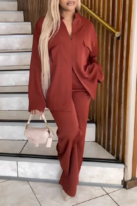 Markdown Madness Notch Neck Flap Pocket Blouse & Pants Set