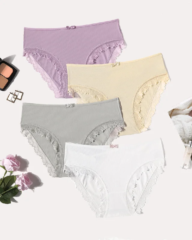 Hot Deal 4 Pcs Set Lace Trim Crisscross Back Panties
