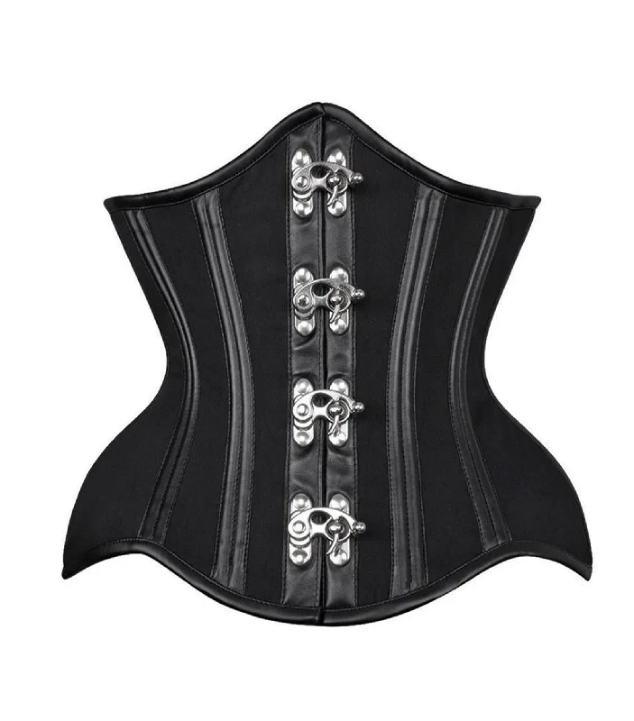 Steal Deal Black Cotton& Faux Leather Authentic Steel Boned Underbust  Waist Training Corset