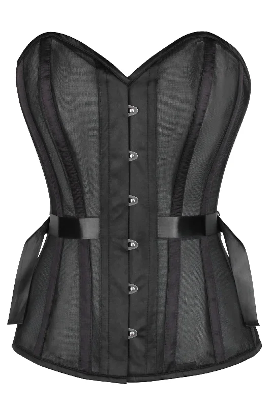 Mega Discount Black Overbust Mesh Corset with Fan Ribbon Lacing