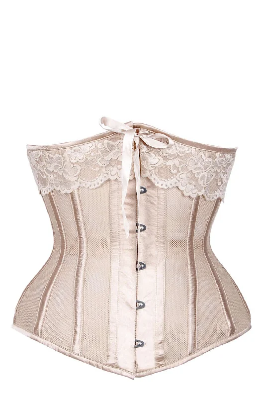 Clearance Sale Champagne Longline Satin Bridal Corset with Super Fine Mesh Panels