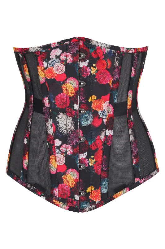 Weekend Offers That Dazzle Floral Print Cotton Longline Underbust Corset with Black Mesh Panels