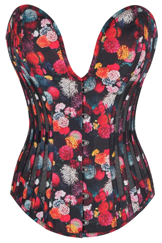 Special Price Floral Print Cotton Overbust Corset with Plunge Neckline and Side Mesh Panels