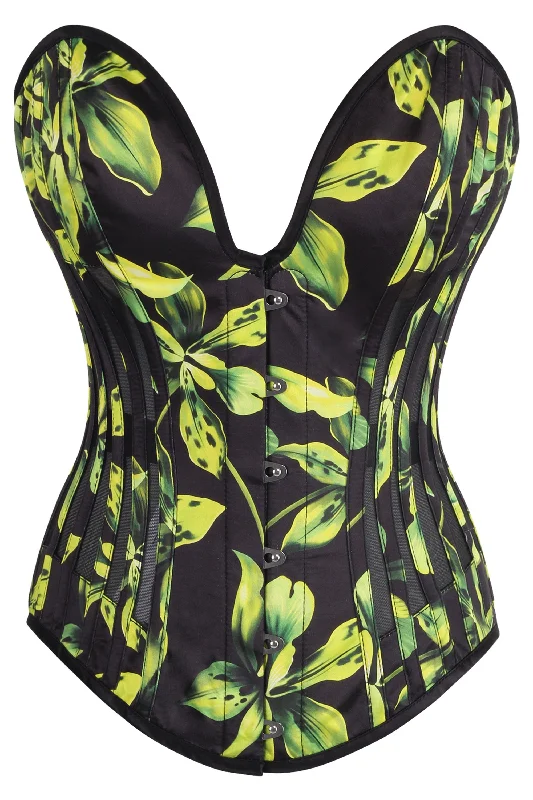 Crazy Deals Green and Black Floral Print Overbust Corset with Plunge Neckline and Side Mesh Panels