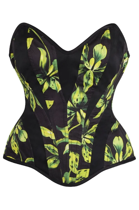 Hurry In Green and Black Floral Print Overbust Corset with Side Zip