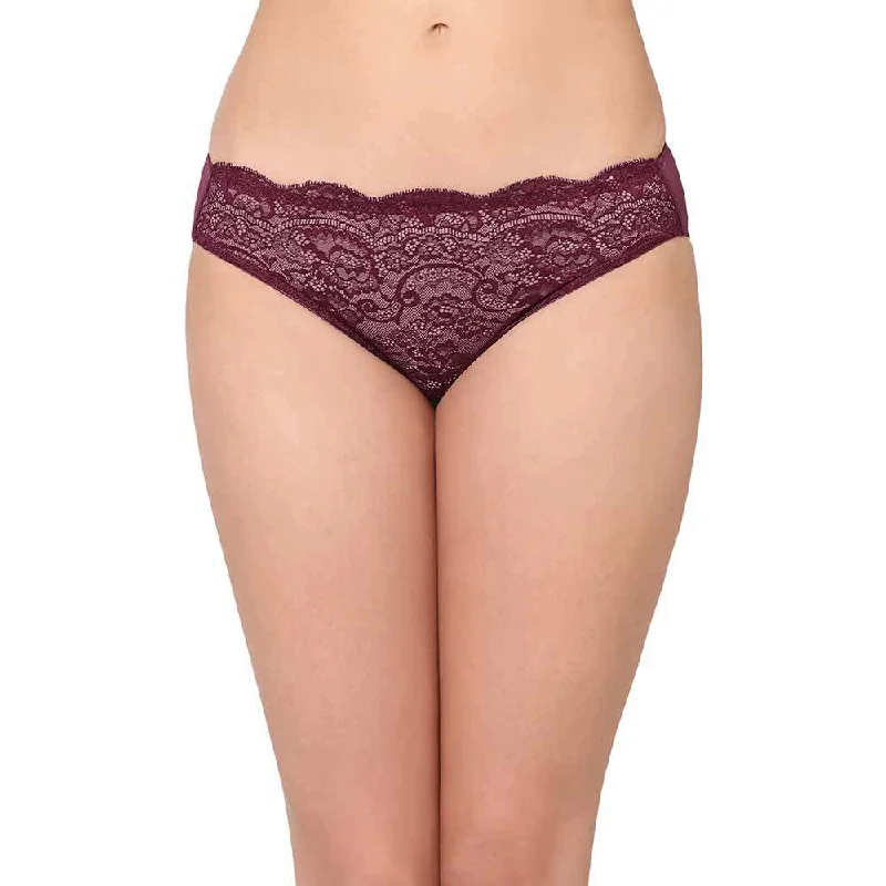 Epic Deals Essential Lace Low Waist Low Coverage Bridal Wear Lace Bikini Panty - Wine