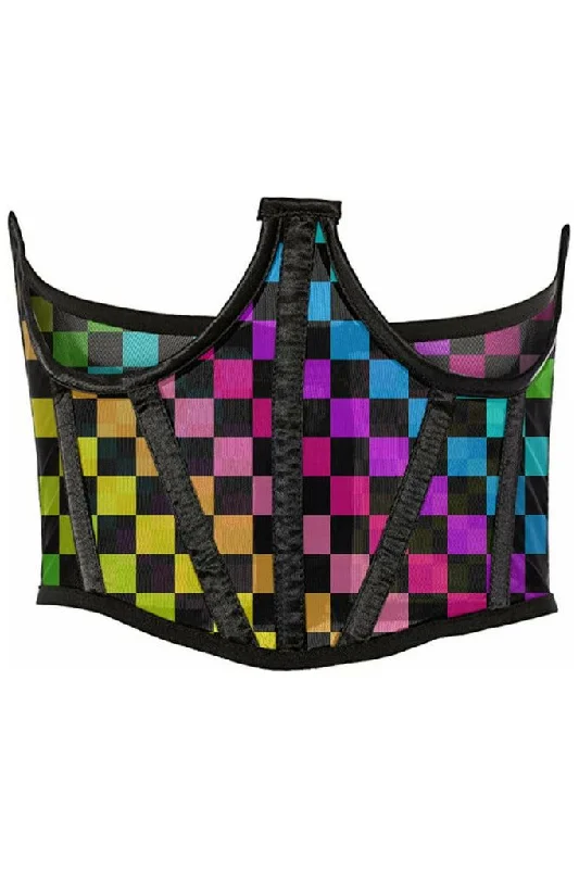 Steals and Deals Lavish Rainbow Checkers Print Mesh Open Cup Waist Cincher