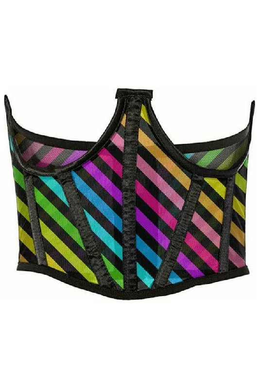 The Best Prices Lavish Rainbow Stripes Print Mesh Open Cup Waist Cincher