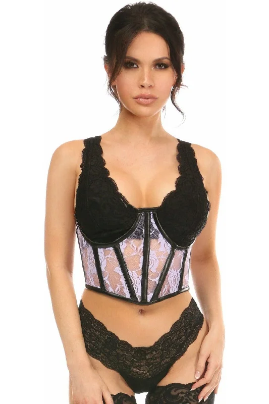 Final Markdown Lavish Sheer Lavender Lace & Faux Leather Open Cup Waist Cincher