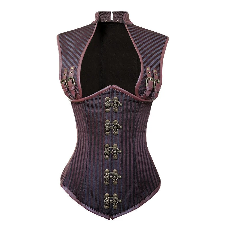 Deal of the Day Brown Strip Brocade & Brown Faux Leather Steampunk Underbust Corset