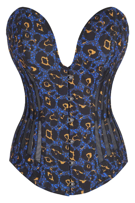 Mega Deal Purple Leopard Print Overbust Corset with Plunge Neckline and Side Mesh Panels