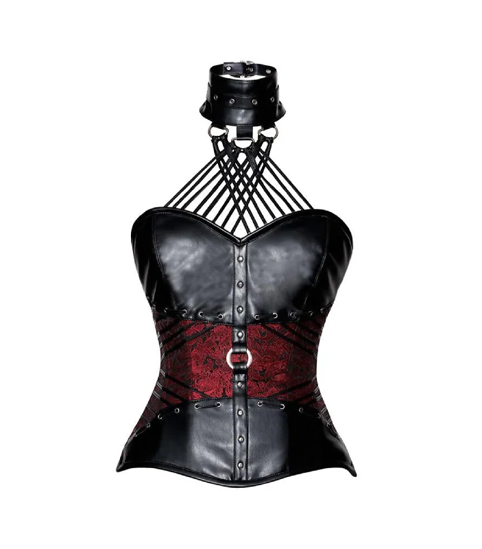 Weekend Discounts to Grab Red Brocade & Black Faux Leather Overbust Corset