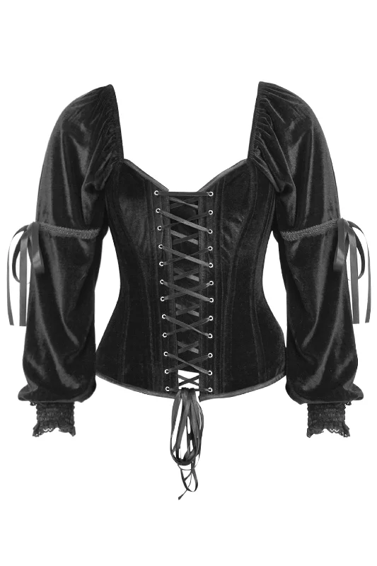 Bargain Alert Sleeved Overbust Corset with Front and Rear Lacing in Black