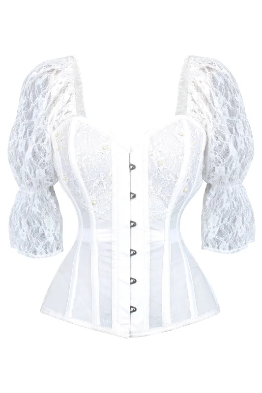 Midnight Madness White Mesh Overbust Bridal Corset with Lace Sleeves