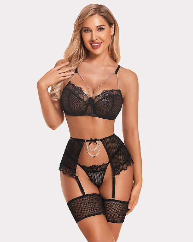 Weekend Savings Fiesta Lace 4 Piece Sets Chain Bra and Panty