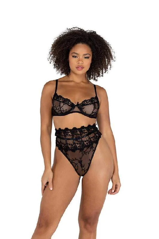 Big Savings Black Floral Underwire Top & High Waisted Bra Set (Plus Size Available)