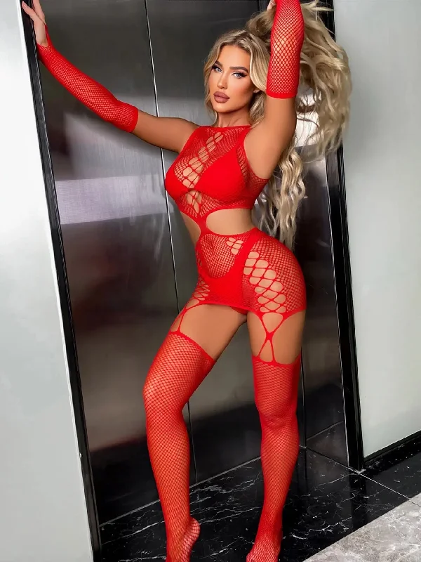 Huge Savings Mesh Hollow Out Bodystocking Red