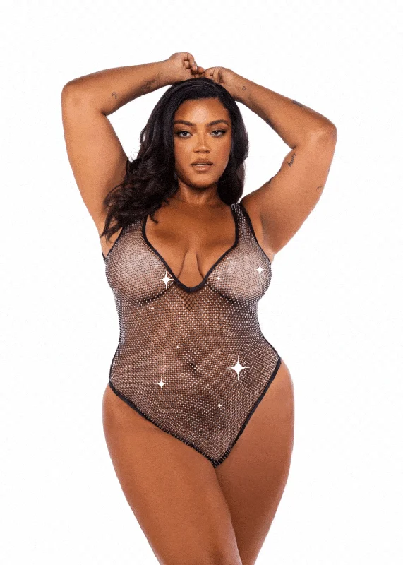 Super Deal Plus Size Black Crystal Diamond Rhinestone Fishnet Plunge Neck Thong Teddy Lingerie