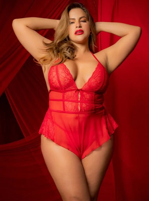 Weekend Savings Fiesta Plus Size Sexy Red Sheer & Heart Lace w/ Thong Romper Lingerie