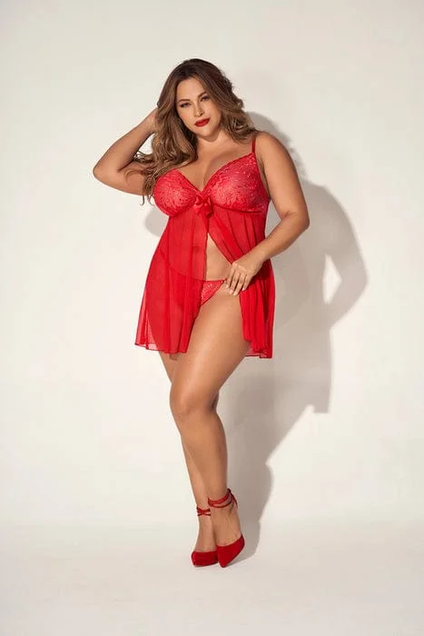 Final Offer Plus Size Sexy Red Sheer Mesh & Lace Top w/ Thong Babydoll Lingerie (Black also Available)