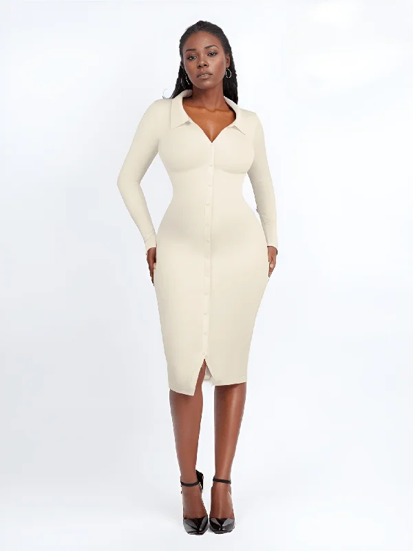 Bargain Blast Raven - Shapewear Dress Front Button Collar