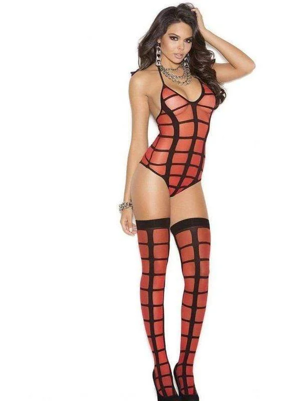 Amazing Deals Red Sheer Opaque Black Cage Thong Teddy Bodysuit w/ Thigh High Stockings