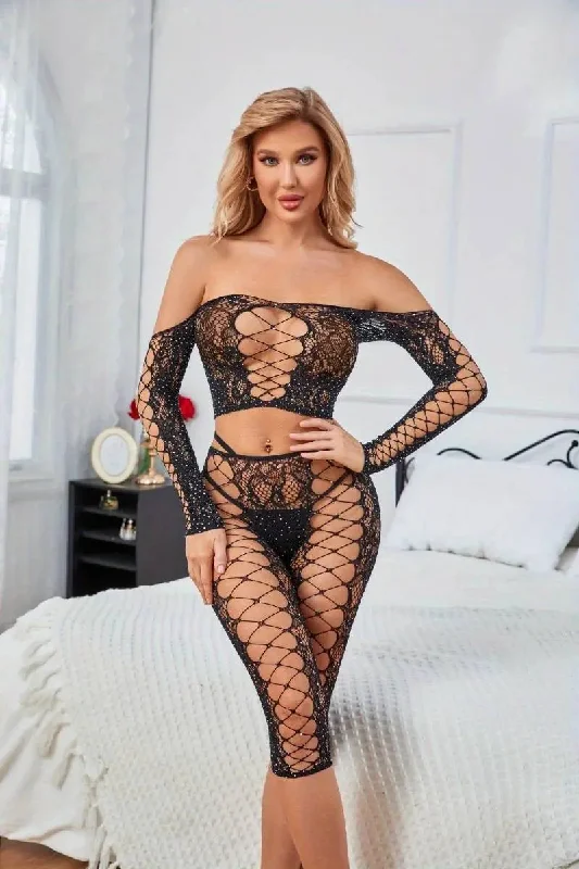 Unbeatable Prices Rhinestone See Through Long Sleeve Top & Crop Bodystocking Set
