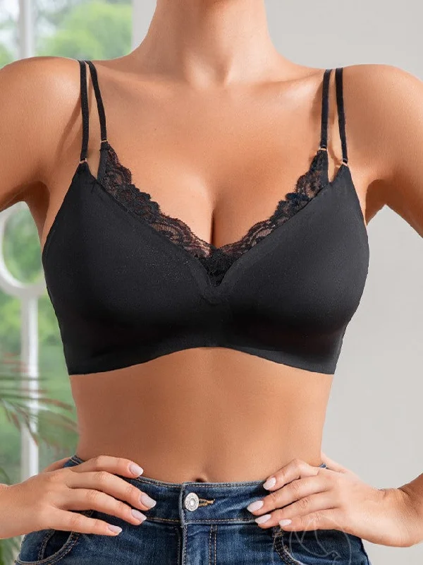 Weekend Shopping Extravaganza Sexy Lace Stitching Double Shoulder Strap V-neck Seamless Wireless Bra