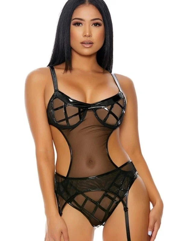 Weekend Sale: Don't Miss Out Sexy Wet Look & Sheer Teddy & Garter Belt Lingerie Set