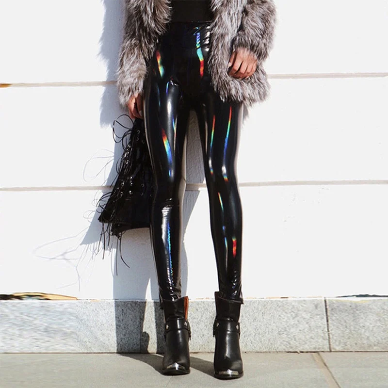 Exclusive Deal Vegan Leather High-Gloss Holographic Shaping Push Up Leggings